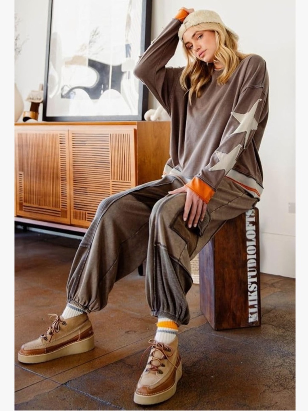 Easel Ayla Color Block Patchwork Terry Knit Cargo Jogger Pants size large ash - Picture 6 of 6